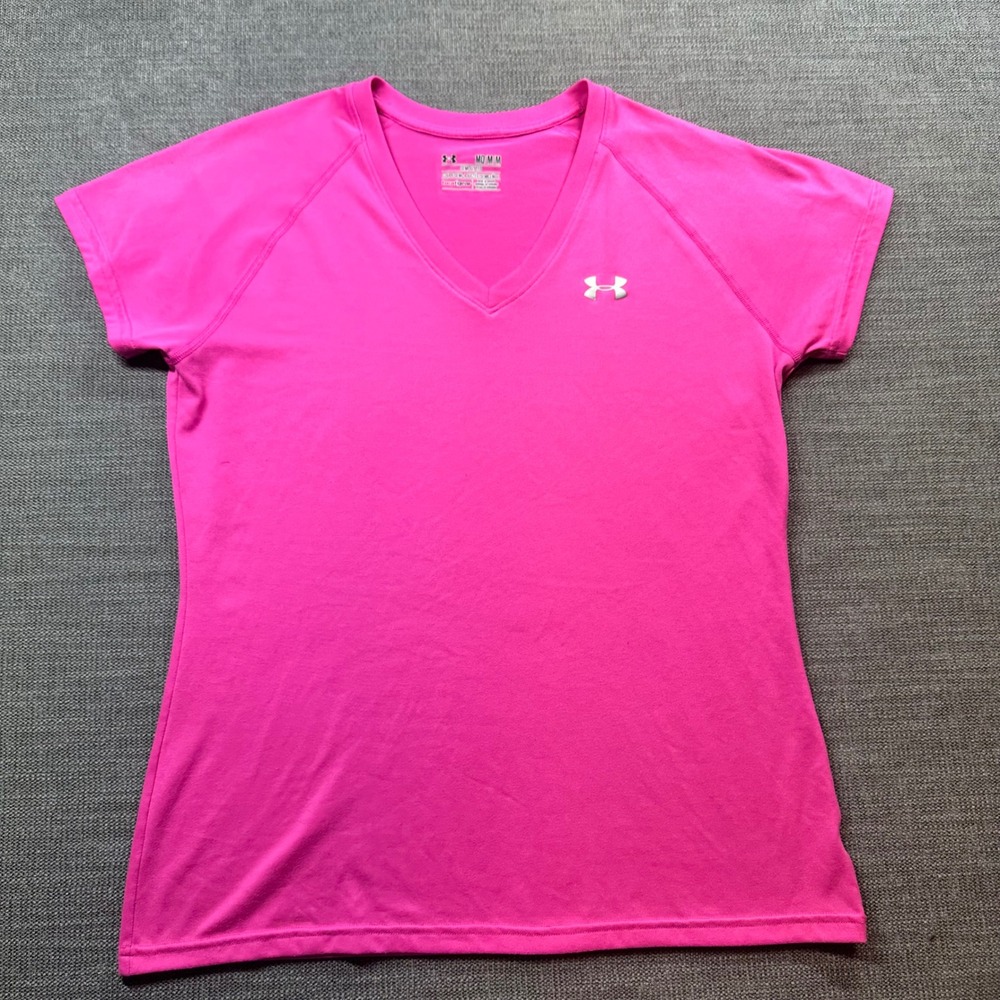 Under Armour HeatGear T-Shirt Womens Medium Pink  V-Neck Semi-Fitted